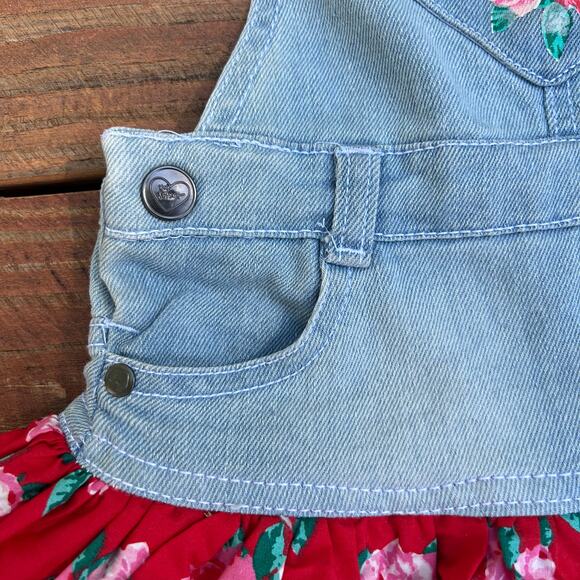 Betsey Johnson Denim Overall Dress 2T Floral Jumper Ruffle Skirt Red Rose Print - Picture 9 of 16
